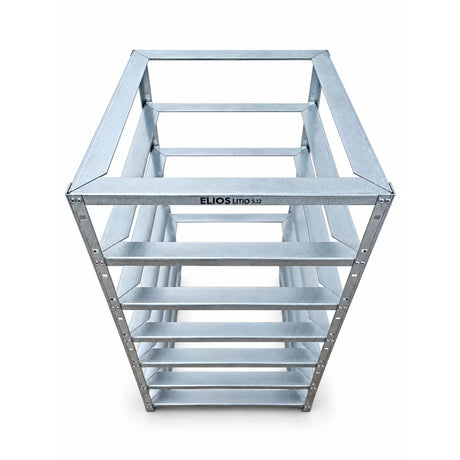 Top view of the empty galvanized steel Elios rack for six Litio 5.12 battery modules
