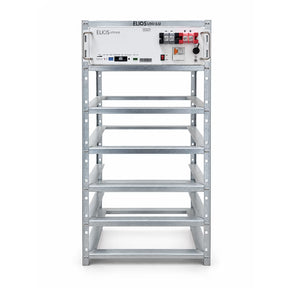 Front view of the Elios rack with one Litio 5.12 battery installed on the top shelf