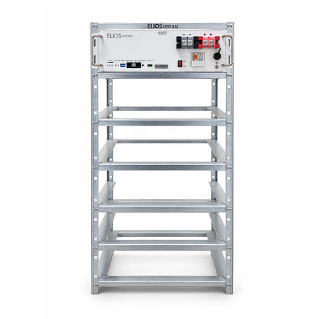 Front view of the Elios rack with one Litio 5.12 battery installed on the top shelf