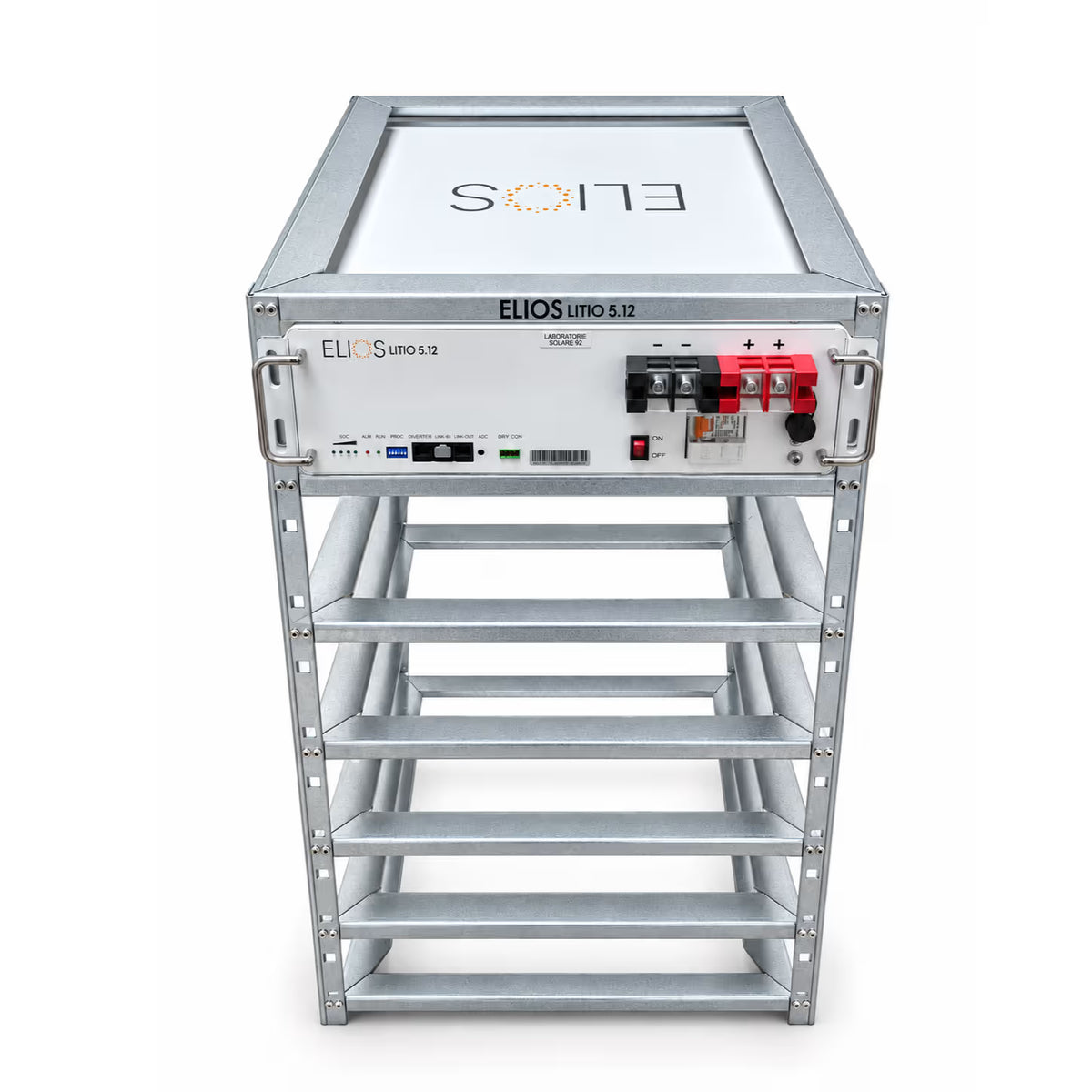Elios galvanized steel rack for six Litio 5.12 modules, viewed from above with one battery installed