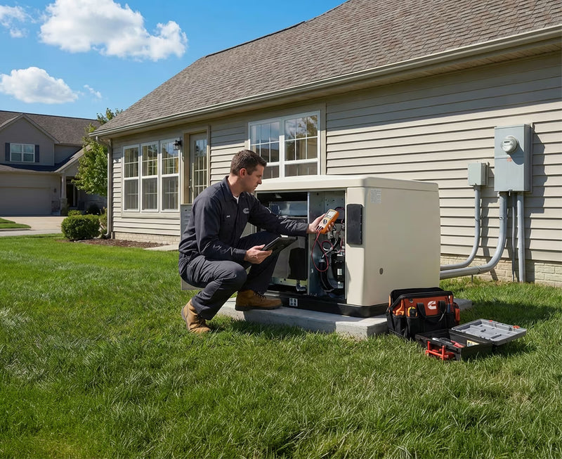 Technician performing annual maintenance on home standby generator - Volts.ca