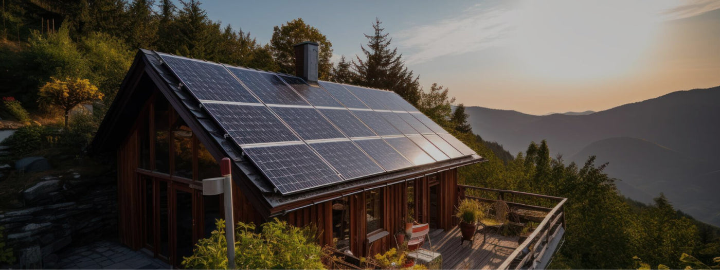 Off-grid solar panel system installed on remote cabin roof in Canada