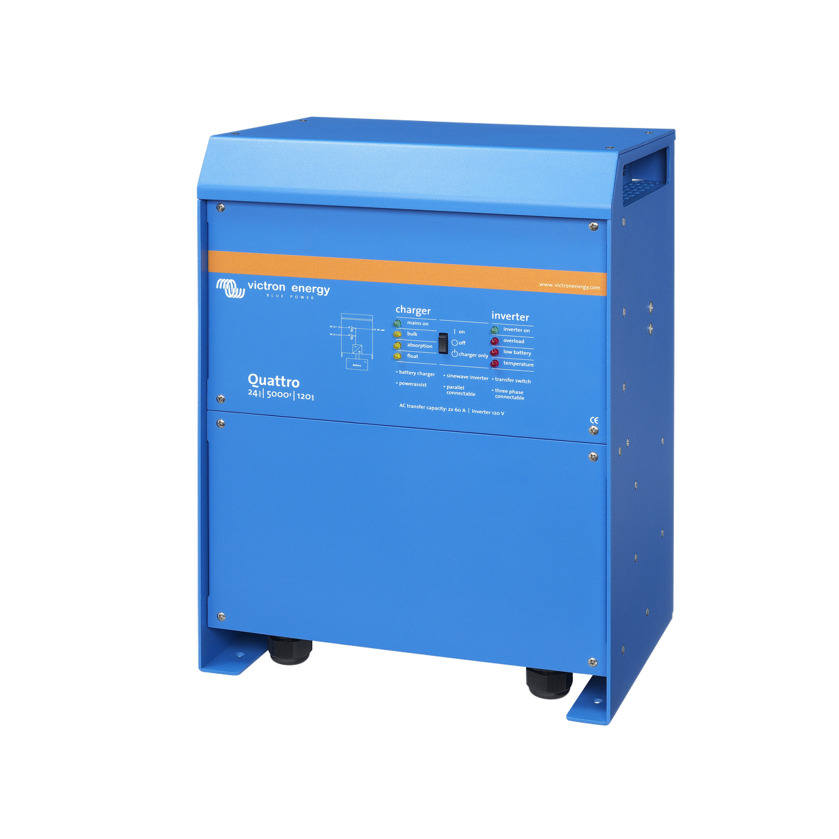 A blue electronic energy Quattro 240V DC charger/inverter unit on casters, shown against a plain white background.