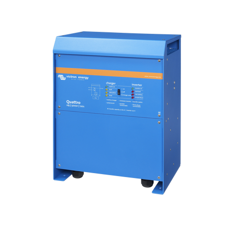 A blue electronic energy Quattro 240V DC charger/inverter unit on casters, shown against a plain white background.