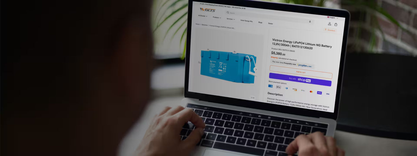 Customer browsing the Volts.ca online store and viewing a Victron Energy LiFePO4 lithium battery product page