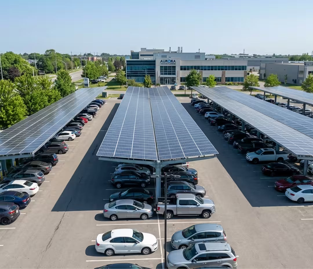 Solar carport with integrated EV charging stations in a corporate parking lot for clean energy and electric vehicle charging