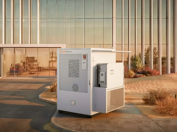 Solis Storage all-in-one energy storage container unit installed outside a modern commercial building