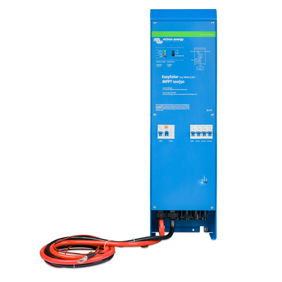 Victron Energy EasySolar 12/1600/70-16 230V MPPT 100/50 front view with cables