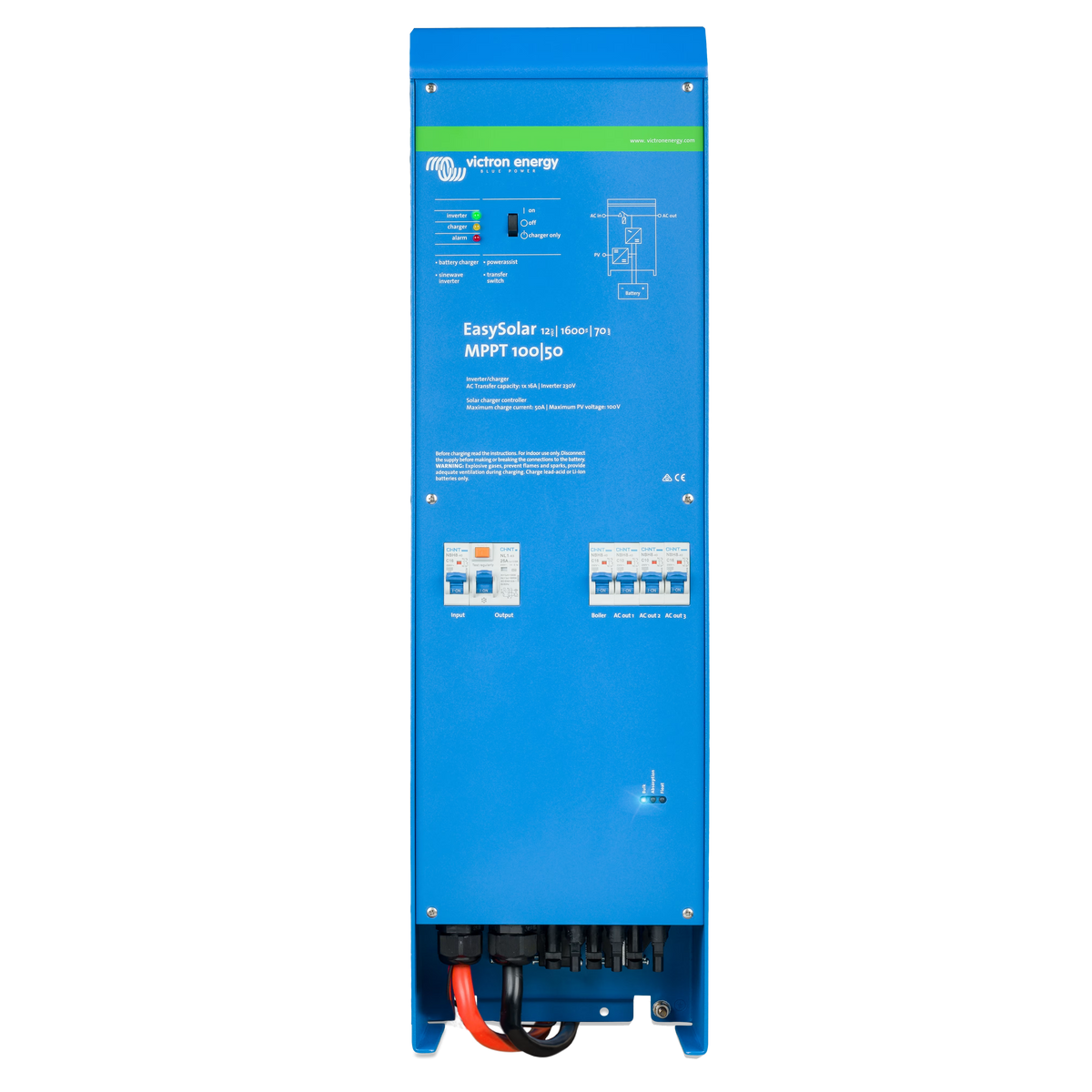 Front view of the Victron Energy EasySolar 12/1600/70-16 230V MPPT 100/50