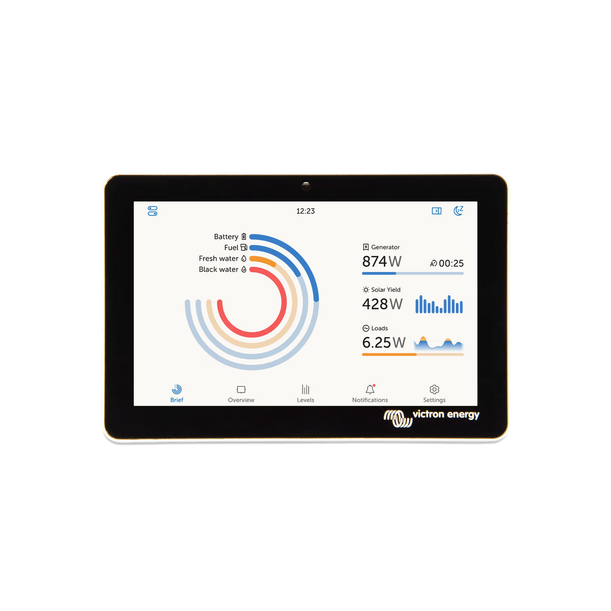 Vue de face de l'écran de surveillance à écran tactile Victron Energy GX Touch 50 de 5 pouces