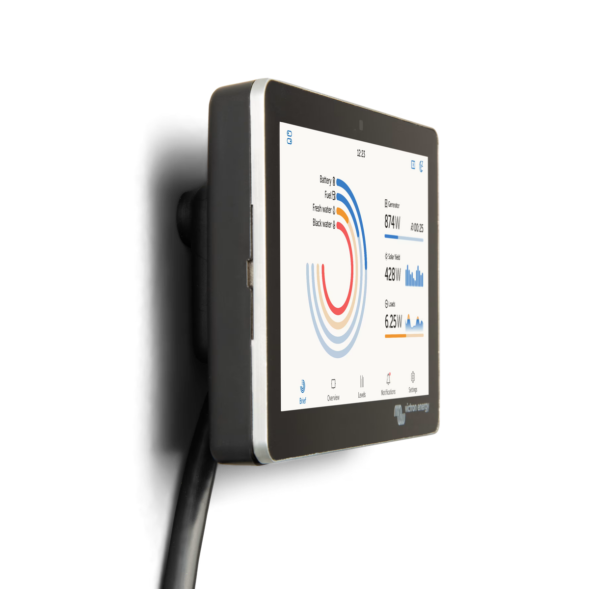 Écran tactile Victron Energy GX Touch 50 à fixation murale affichant les données du système énergétique