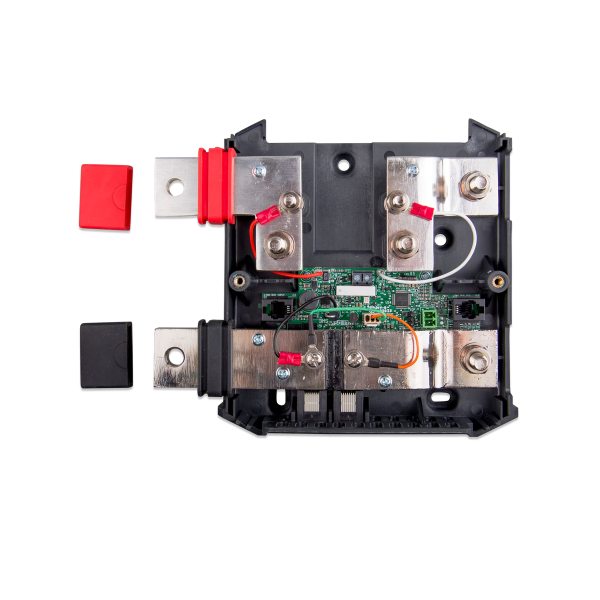 Victron Energy Lynx Shunt VE.Can 1000 A : vue intérieure ouverte montrant les barres omnibus, le moniteur de batterie et le porte-fusible