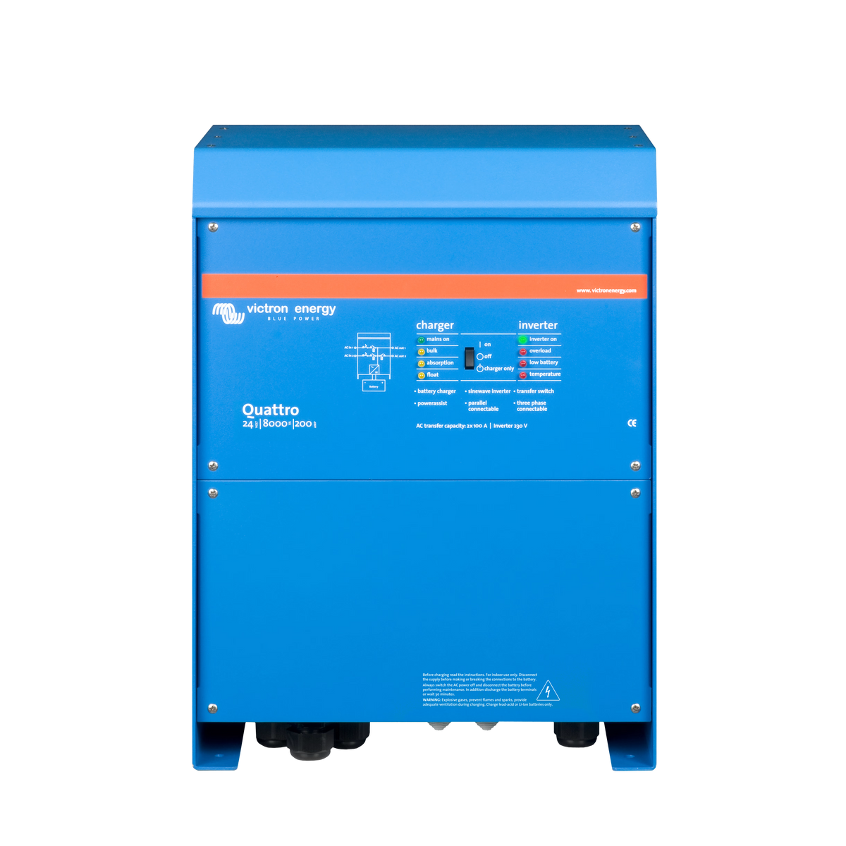 Front view of the Victron Energy Quattro 24/8000/200-100/100 230V inverter charger