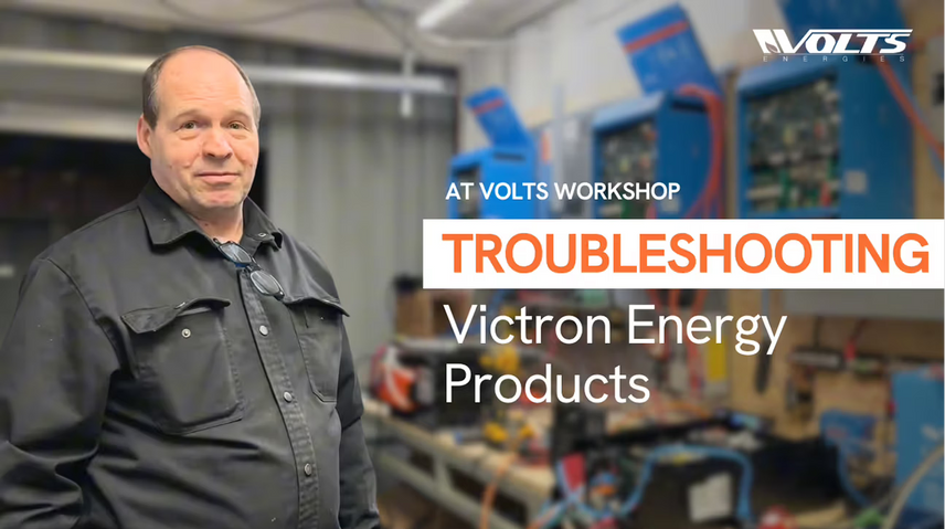 Volts technician troubleshooting Victron Energy products at Volts workshop