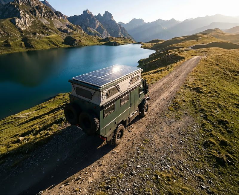 Vehicle conversion with Victron Energy solar system on RV in mountain terrain