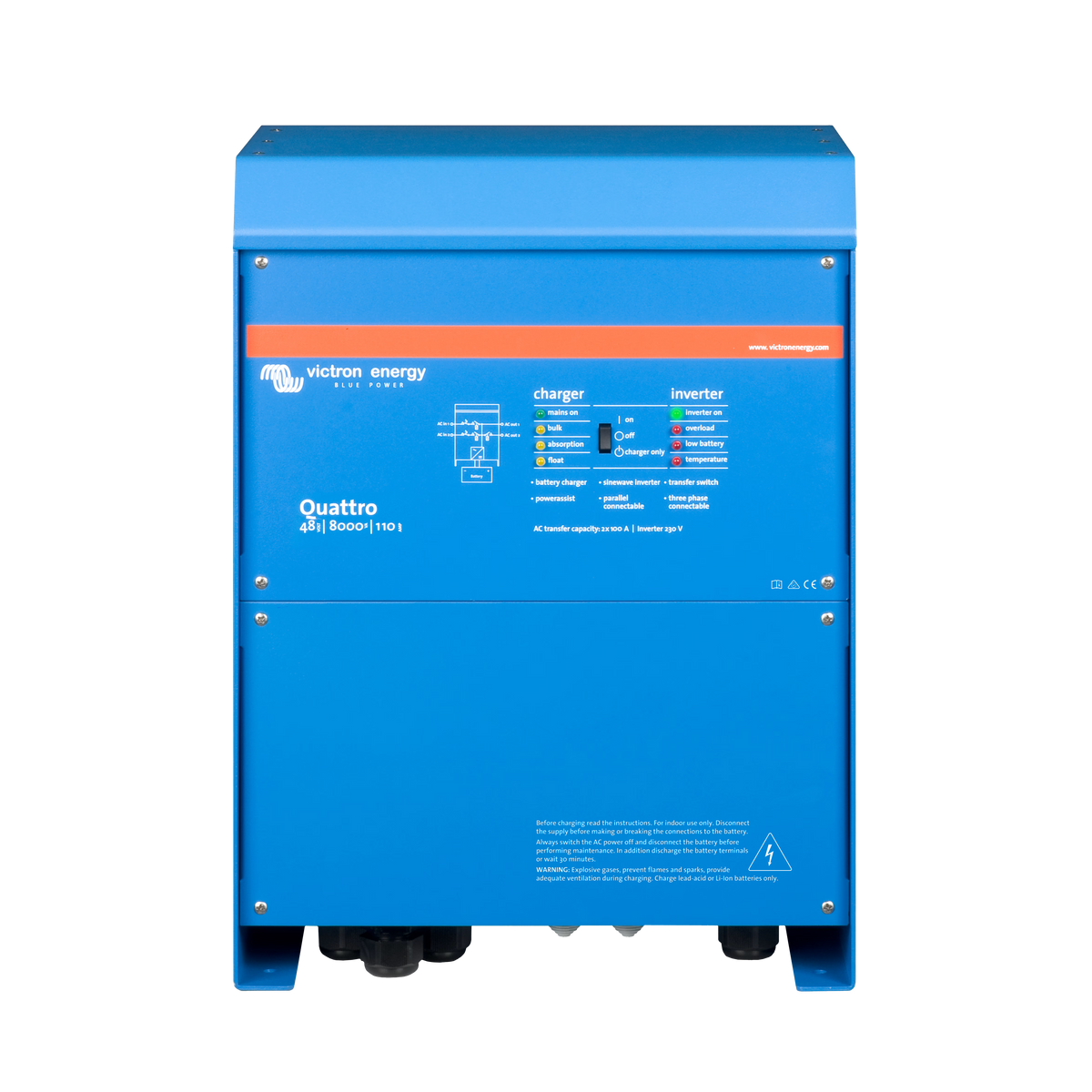 Victron Energy Quattro 48V 8000VA 110A 230V inverter charger, front view