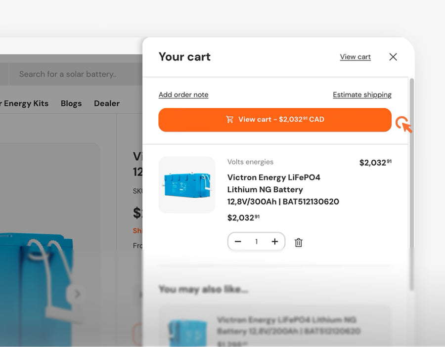 Step 2: Volts.ca cart drawer showing Victron LiFePO4 battery with View Cart button to proceed to checkout