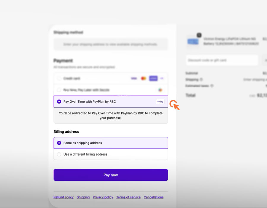 Step 4: Volts.ca checkout page with Pay Over Time with PayPlan by RBC selected as the payment method