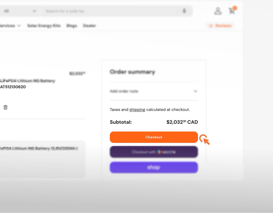 Step 3: Volts.ca order summary page showing subtotal with Checkout button to begin RBC PayPlan payment