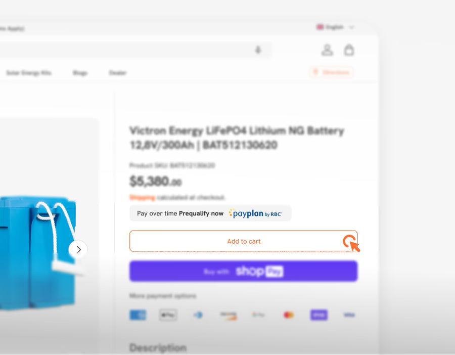 Step 1: Volts.ca product page for Victron Energy LiFePO4 Lithium NG Battery with Add to Cart button highlighted