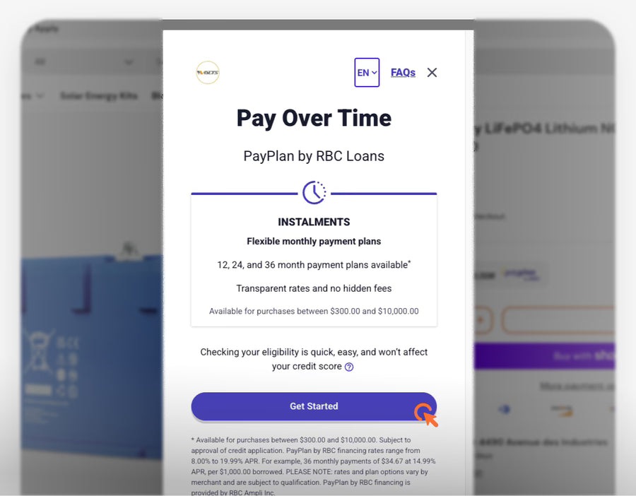 Step 5: RBC PayPlan Pay Over Time modal showing flexible 12, 24, and 36 month instalment plans for Volts.ca purchases