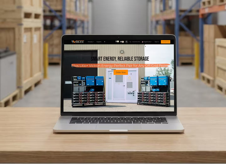 Volts.ca smart energy storage website featuring Elios Litio and Victron Energy battery systems for off-grid projects