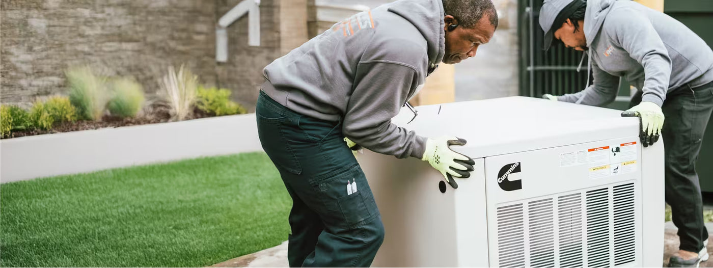 Volts Energies technicians installing a Cummins standby generator at a residential property for backup power