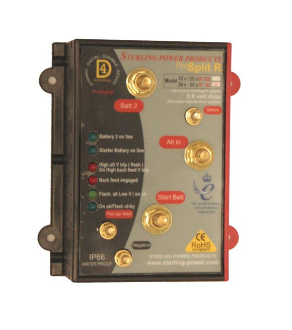 Sterling power ProSplit-R Zero Volt Drop Marine Battery Isolator - Intelligent Digital Alternator Distribution System (24V, 60 Amp, 2 Output)