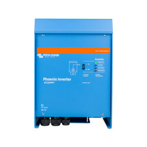 A blue Phoenix Inverter 24|3000 by Action Energy steel drive unit with a front control panel, black cable glands at the bottom, and an orange brand accent strip.