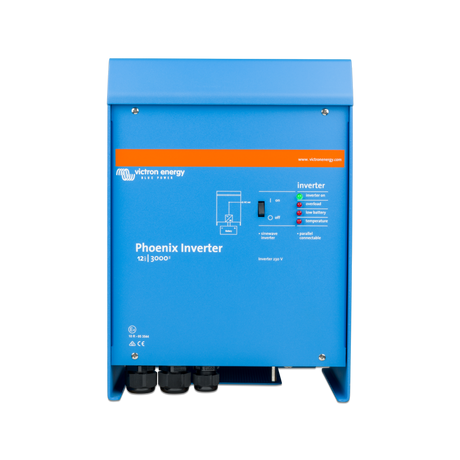 A blue Phoenix Inverter 24|3000 by Action Energy steel drive unit with a front control panel, black cable glands at the bottom, and an orange brand accent strip.