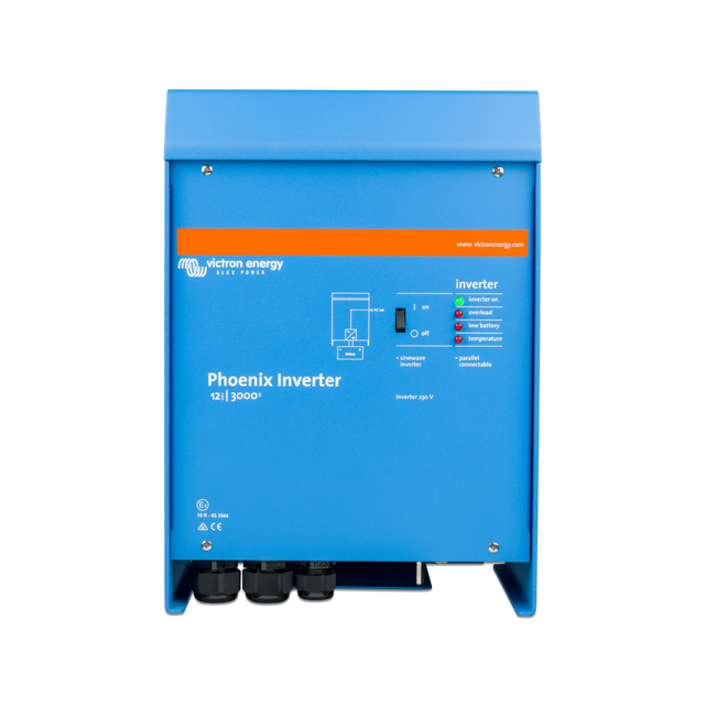 A blue Phoenix Inverter 24|3000 by Action Energy steel drive unit with a front control panel, black cable glands at the bottom, and an orange brand accent strip.